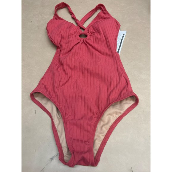Women's Wide Ribbed Ring Medium Coverage One Piece Swimsuit Kona Sol Red Small - Picture 8 of 8